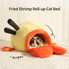 A cat bed in the shape of fried shrimp