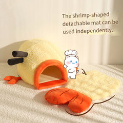 A cat bed in the shape of fried shrimp
