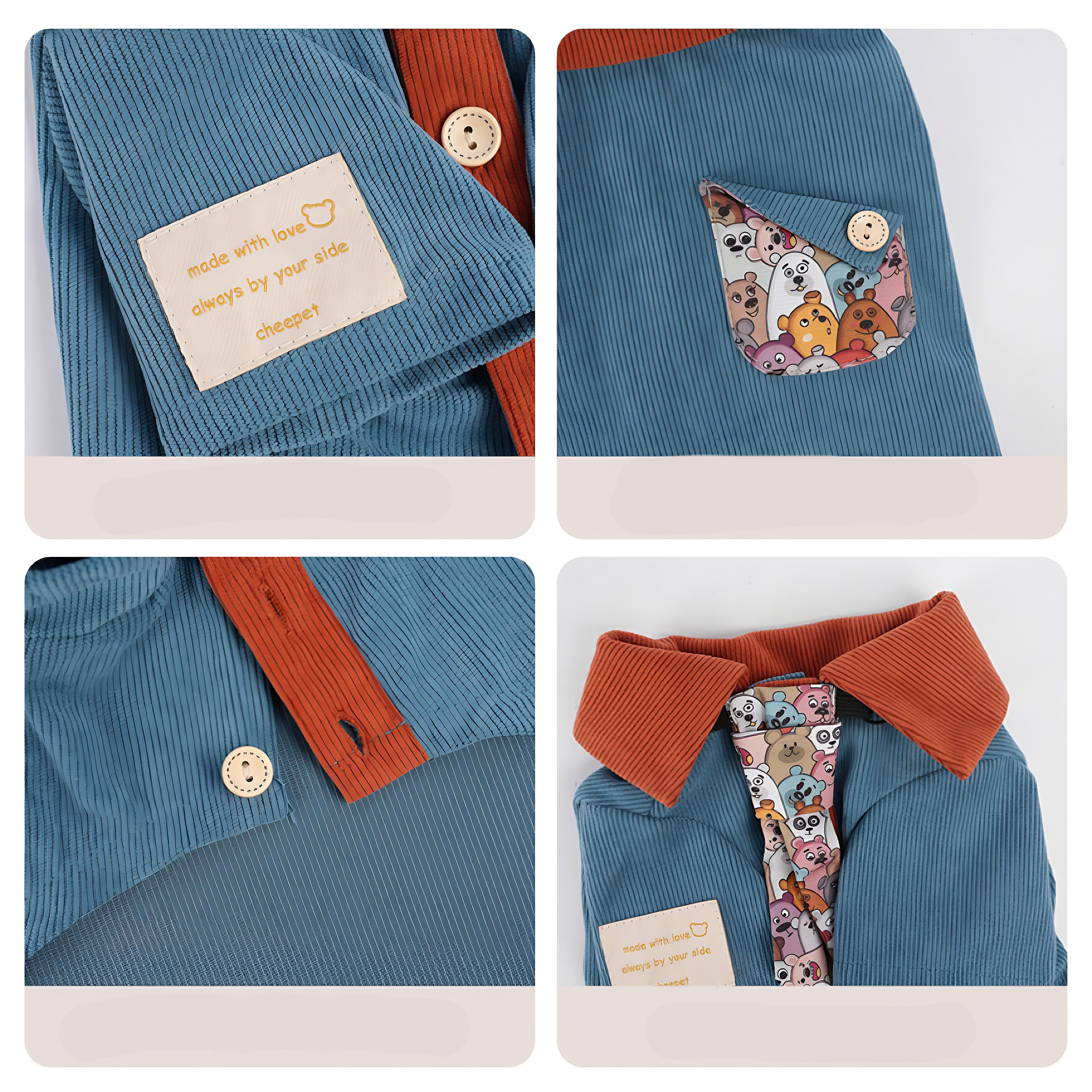 HK style corduroy lapel shirt with retro tie for out wearing